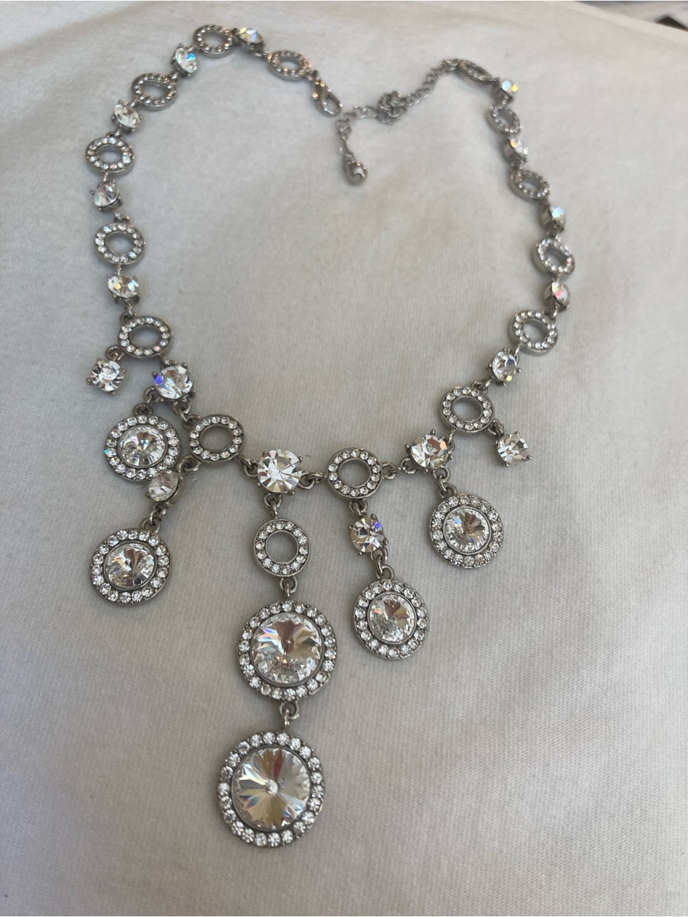 Dangle Rivoli Clear Stones Silver Tone Chandelier Necklace